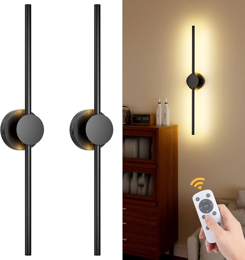 Battery Operated Wall Sconces with Remote Control, Dimmable Black Wall Sconces Set of Two with Ro... | Amazon (US)
