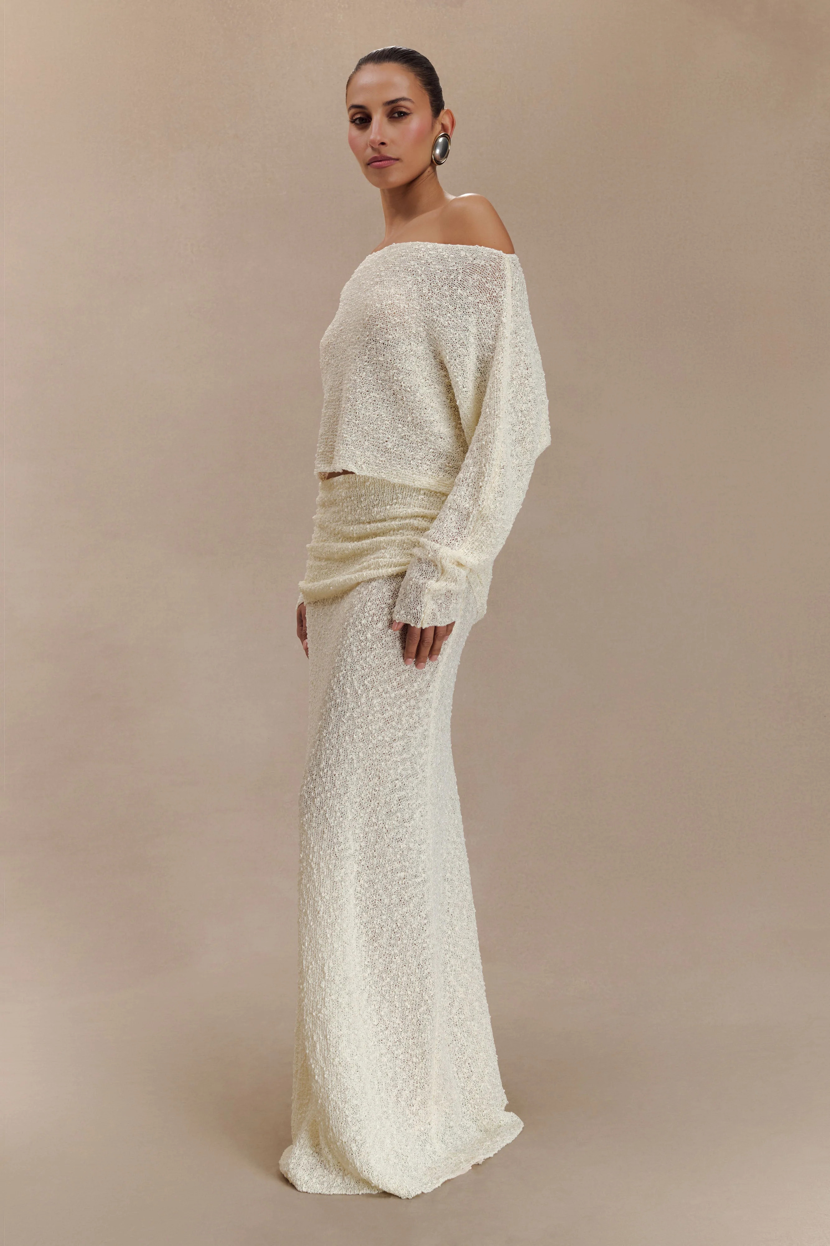 Petra Long Sleeve Knit Crop Top - Ivory | Meshki (APAC)