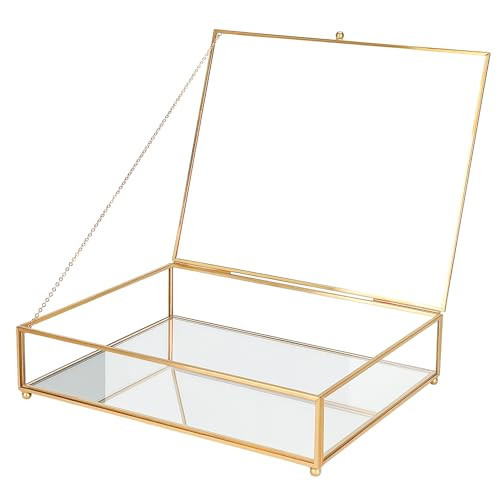 REDHUGO Large Glass Boxes for Display Handmade, Mirrored Bottom, Glass Jewelry Trinket Box with Lid, for Book, Photo, Keepsake Organizer, Display Case for Vanity Decor Home Dresser, Gold | Amazon (US)