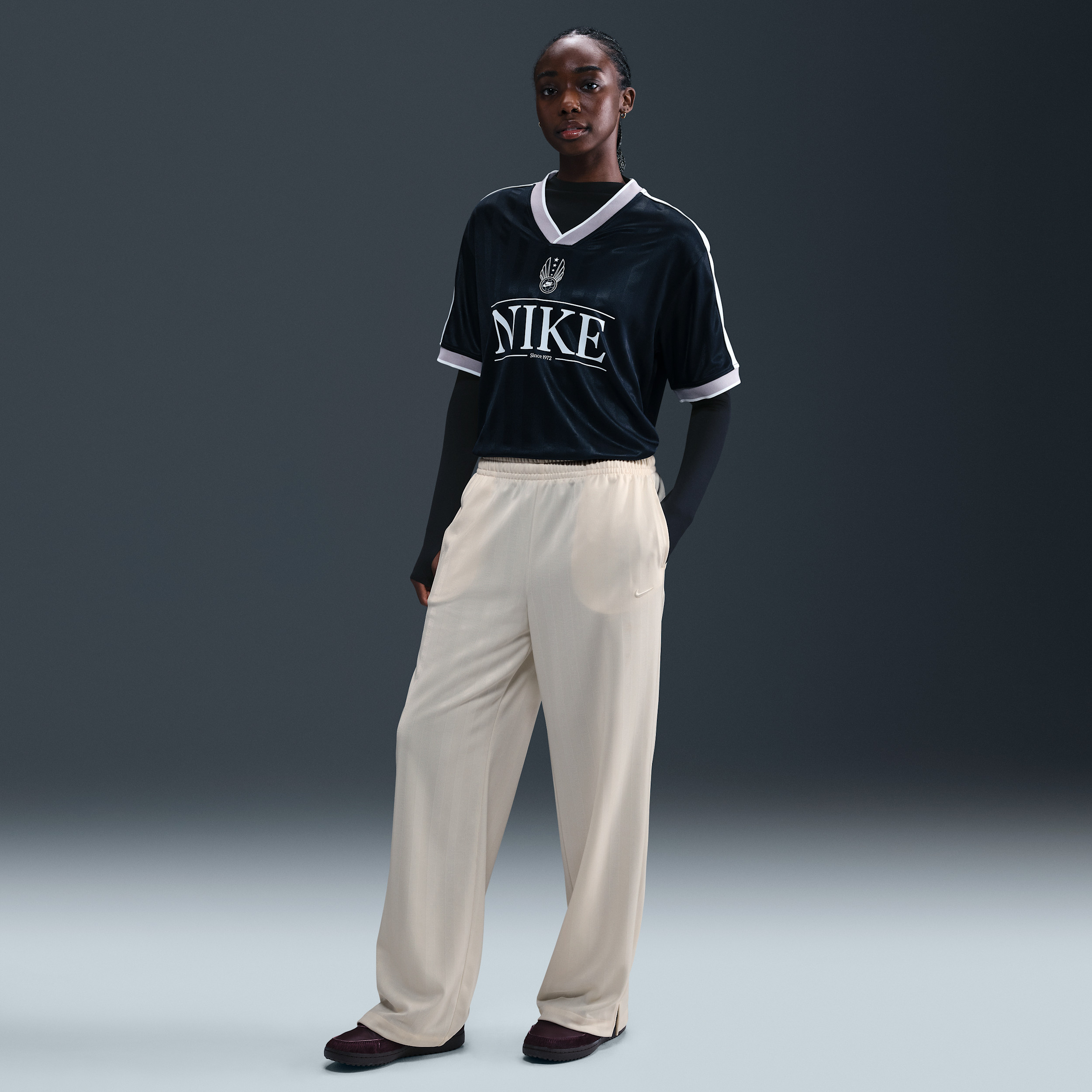 Women's Nike Sportswear Mid-Rise Loose Jacquard Striped Track Pants in Brown | HV5133-110 | Nike (US)