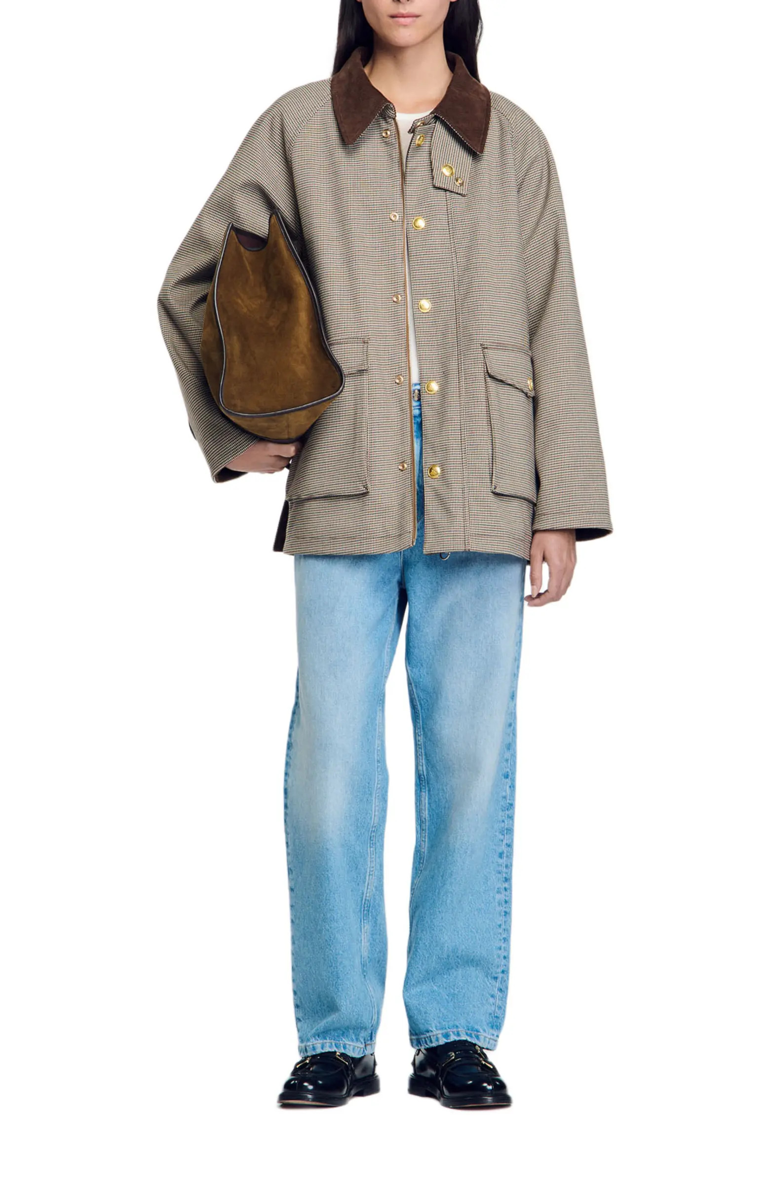 SANDRO Check coat with velvet collar | Nordstrom | Nordstrom