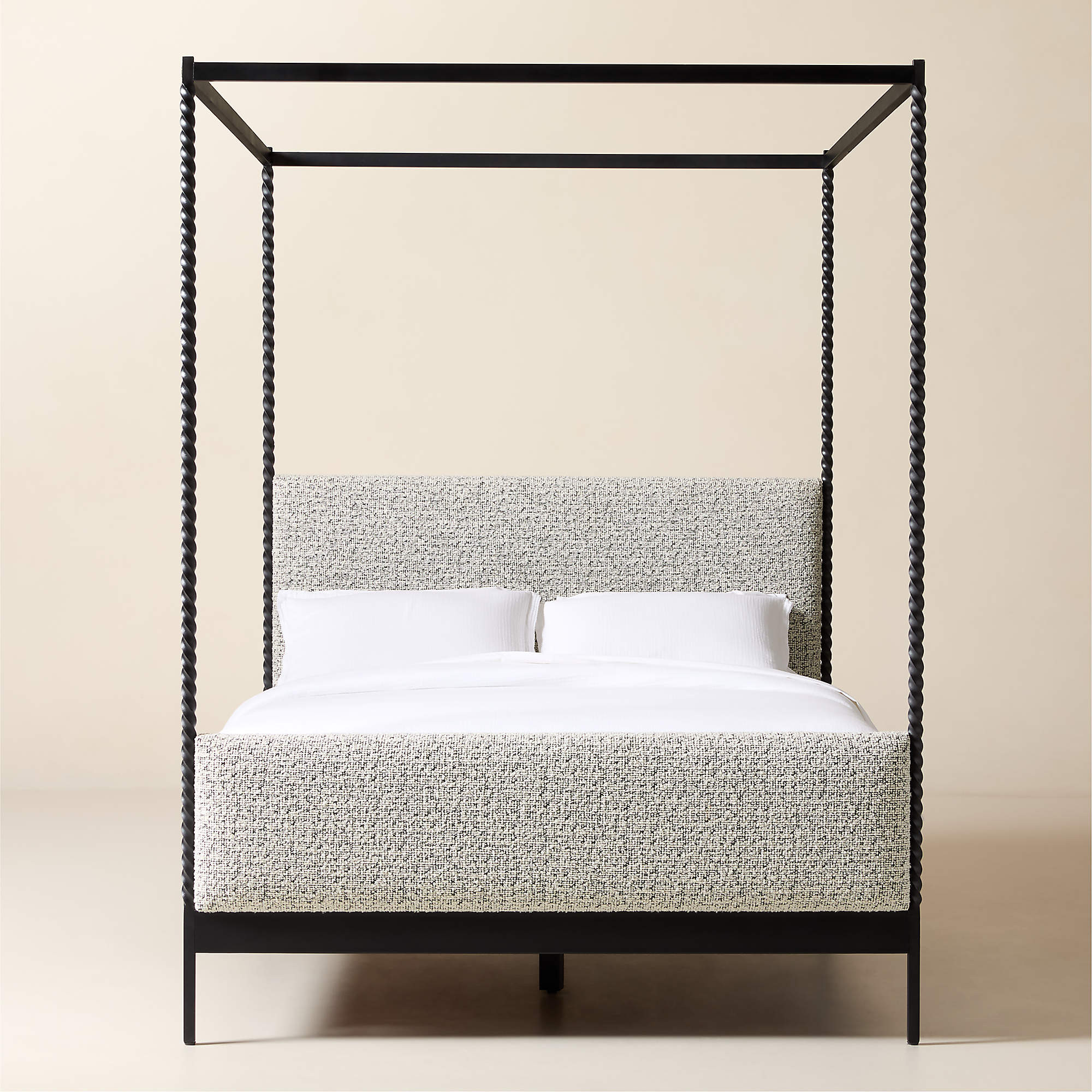 Amani Hand-Forged Steel Framed Black and White Boucle Upholstered Canopy Queen Bed + Reviews | CB... | CB2