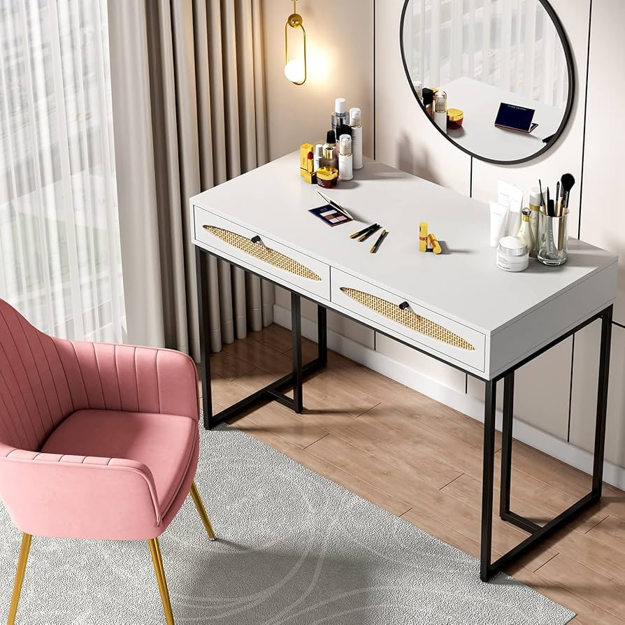 vistavie Simple Modern Computer Desk with Drawers, Laptop Table White Desks with 2 Storage Space ... | Amazon (US)