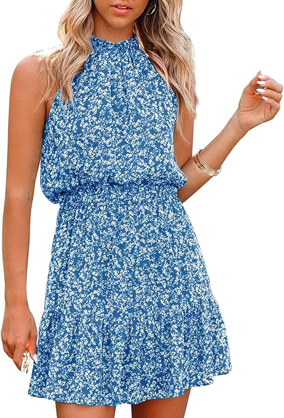MAYFASEY Women’s Sleeveless Halter Neck Floral Long Maxi Dress Ruffle Summer Loose Casual Boho ... | Amazon (US)