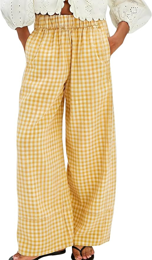 Athlisan Womens Summer Gingham Plaid Palazzo Pants Casual Wide Leg Lounge Trousers Beach Vacation... | Amazon (US)