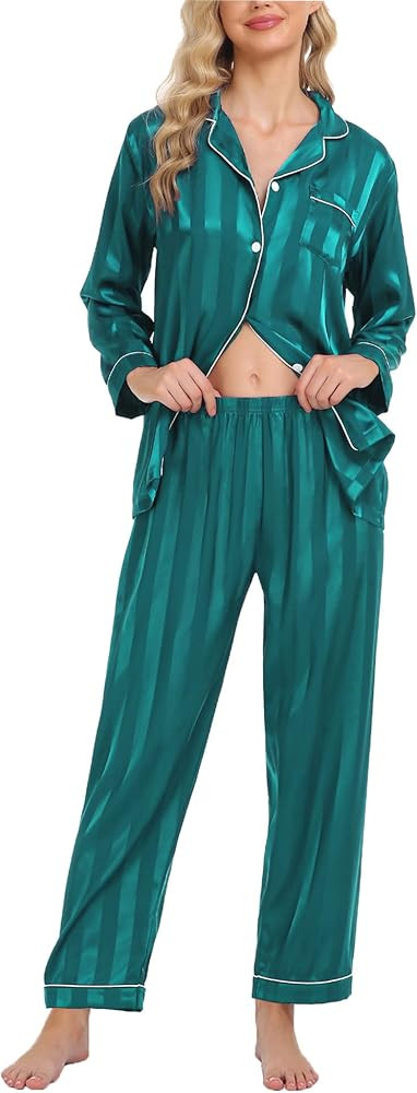 SWOMOG Womens Silk Satin Pajamas Loungewear Two-piece Sleepwear Button-Down Pj Set | Amazon (US)