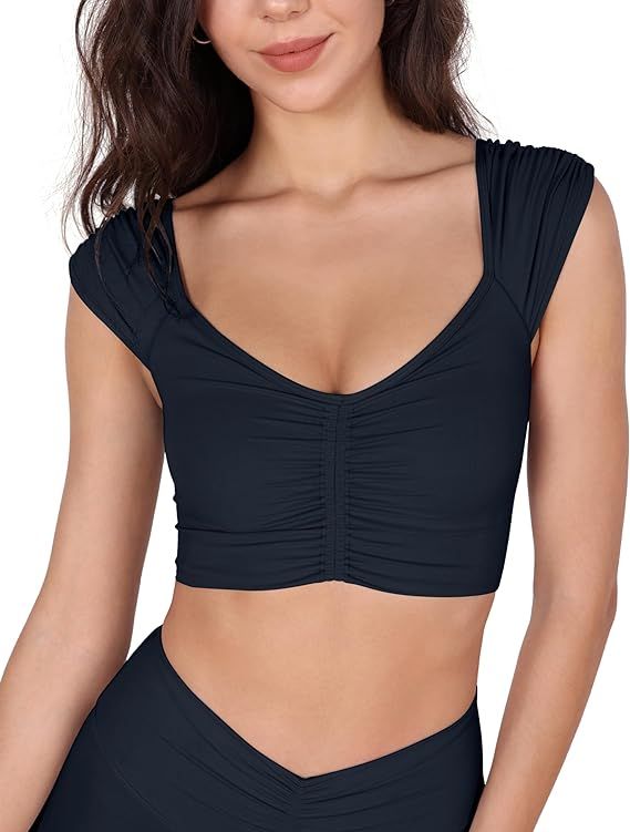 ODODOS Ruched Front Crop Tank for Women V-Neck Cut Out Back Cap Sleeve Cropped Tops | Amazon (US)