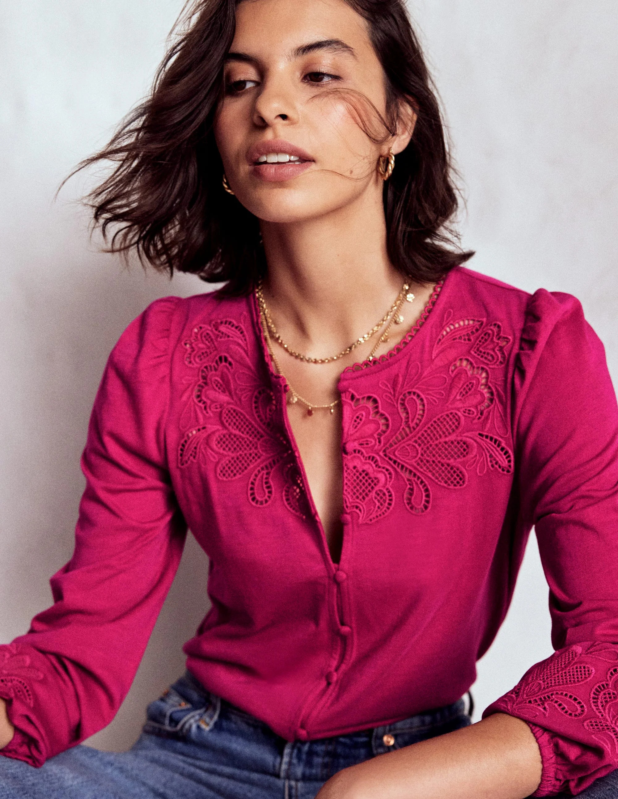 Cutwork Detail Jersey Top-Vibrant Pink | Boden (US)