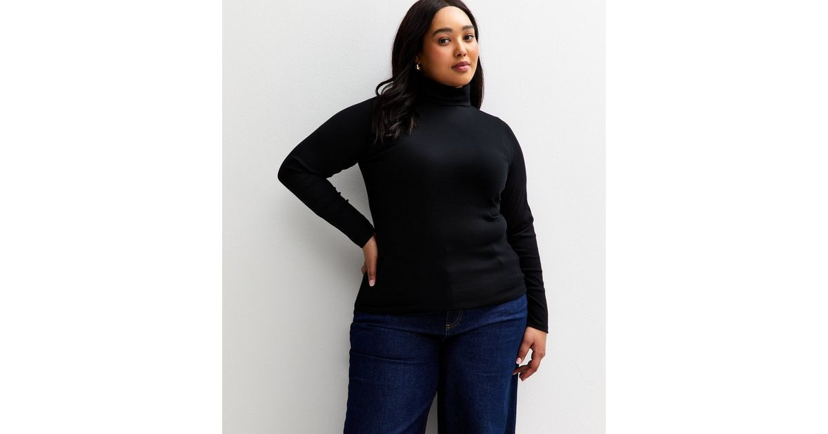 Curves Black Long Sleeve Roll Neck Top | New Look | New Look (UK)