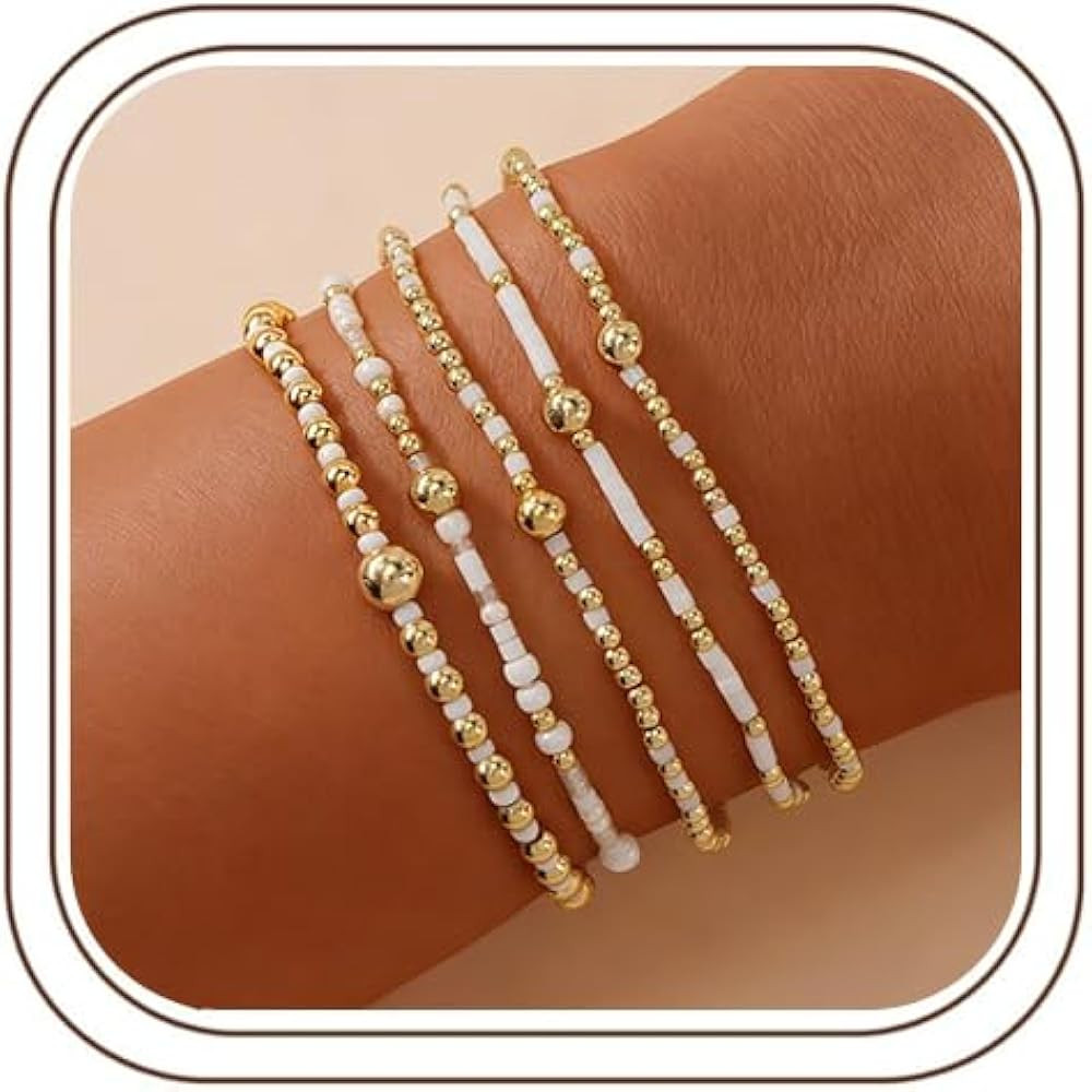 14K Gold Plated Beaded Bracelets Stack Set for Women,Stretch Boho Colorful Beads Ball Jewelry Fri... | Amazon (US)