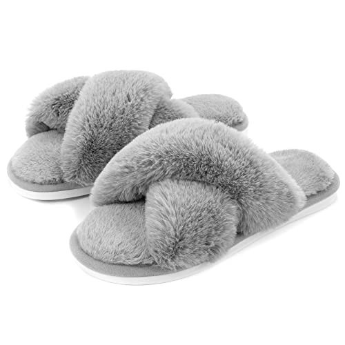 Metog Women's Fuzzy Slippers Cross Band Indoor Outdoor Soft Open Toe House Shoes, Grey, 9-10 Women | Amazon (US)