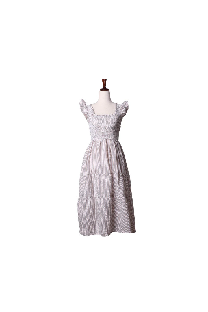 Smocked Khaki Seersucker Mom Dress | The Smocked Flamingo