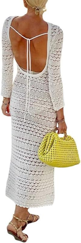 NUFIWI Women Beach See Through Maxi Dress Long Sleeve Crochet Knit Dress Backless Hollow Out Biki... | Amazon (US)