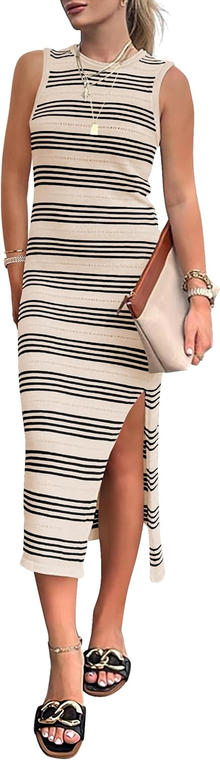 PRETTYGARDEN Women's Summer Sleeveless Striped Midi Dresses | Amazon (US)