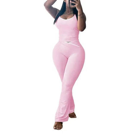 Two Piece Sets For Women Summer Contrast Binding Backless Crop Tank Top and Flare Pants Lounge Sets Tracksuit Women's Sleeveless Gym YogaOutfit Pink M | Walmart (US)