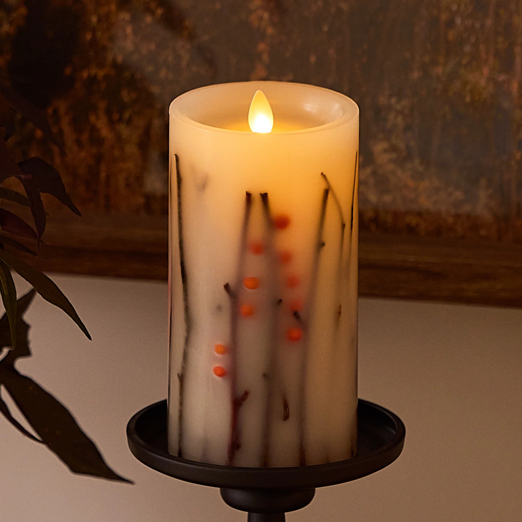 Pearl Ivory Embedded Orange Berries & Twigs Flameless Candle Pillar | Luminara