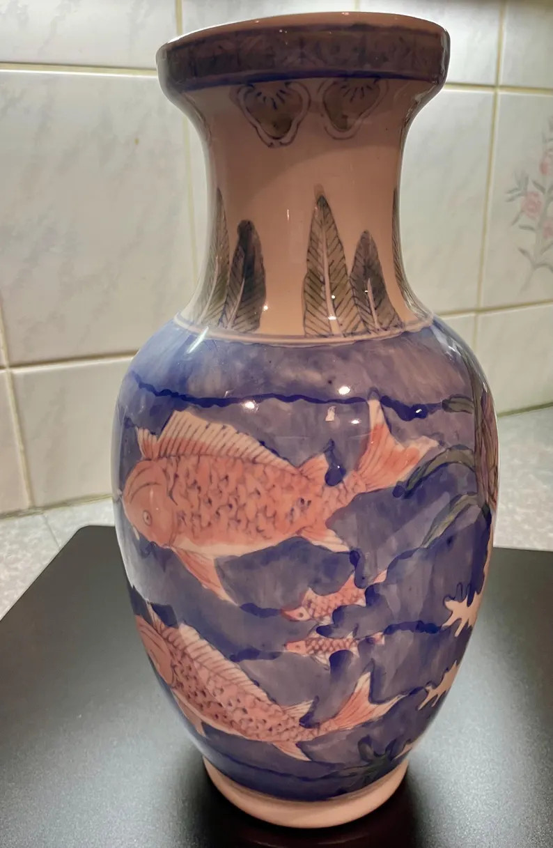 Vintage 13-inch Handpainted Asian Chinoiserie Ceramic Vase - Blue With Pink Fish and Leaves - Ets... | Etsy (US)
