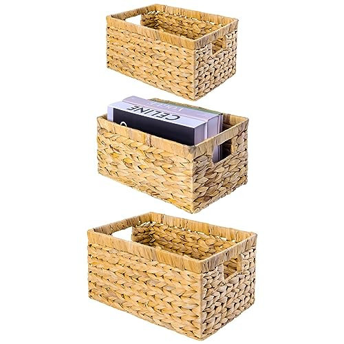M4DECOR Set of 3 Wicker Storage Baskets for Shelves, Water Hyacinth Storage Baskets, Wicker Baskets for Storage, Kitchen Organizers and Storage Pantry (Set 3 SML) | Amazon (US)
