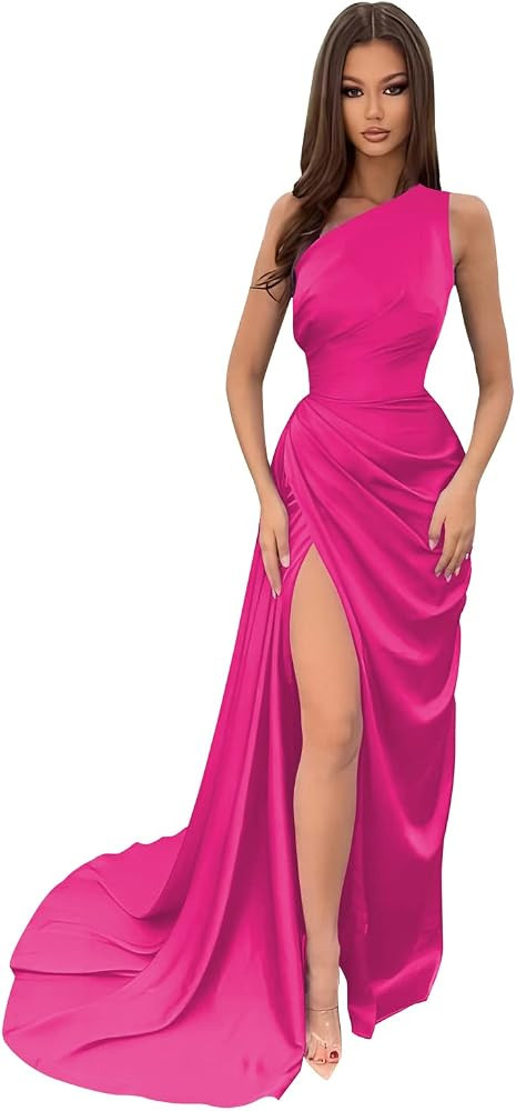 Miao Duo Women's One Shoulder Wrap Bridesmaid Dresses Long with Slit Pleats Satin Mermaid Formal ... | Amazon (US)