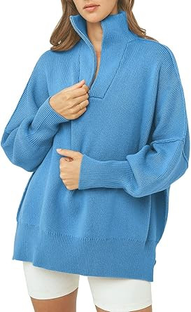 LILLUSORY Women's Long Sleeve 1/4 Zipper Collar Drop Shoulder Oversized Split Hem Slouchy Pullove... | Amazon (US)