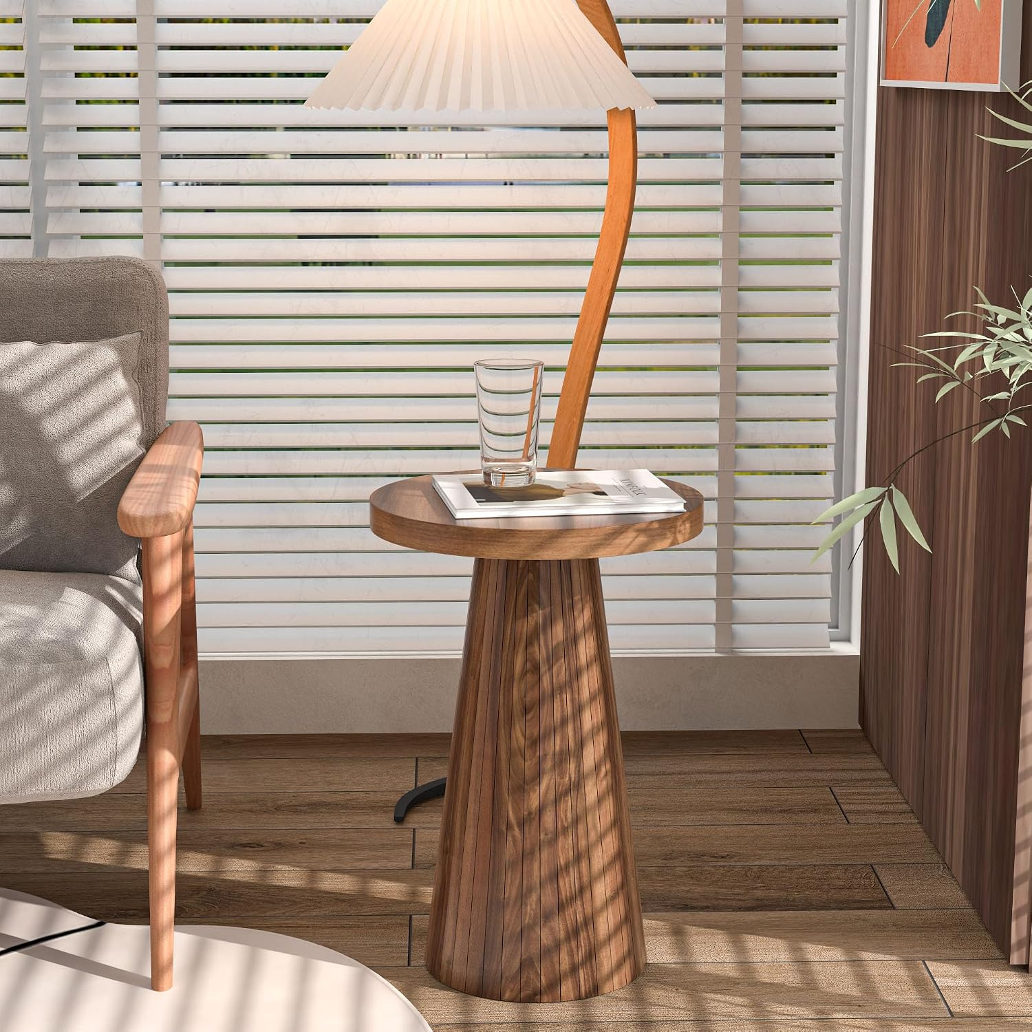 Small Round Pedestal Side Table, Wooden End Table for Living Room, Fluted Drink Table for Small Space, Modern Plant Stand Accent Table for Sofa Couch, 13.6 inch (Walnut) | Amazon (US)
