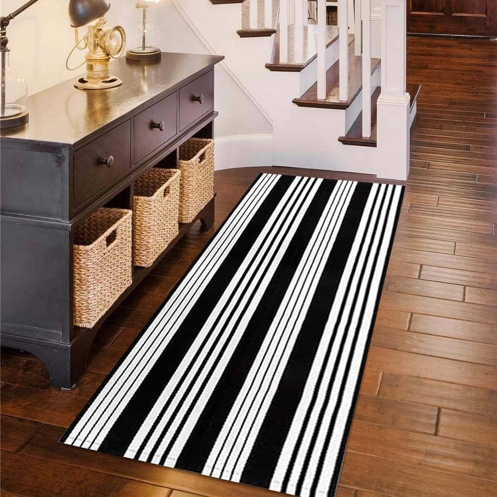 Black and White Runner Rug 2'X6' Front Porch Rug Machine Washable Striped Kitchen Runner Rug Cott... | Amazon (US)