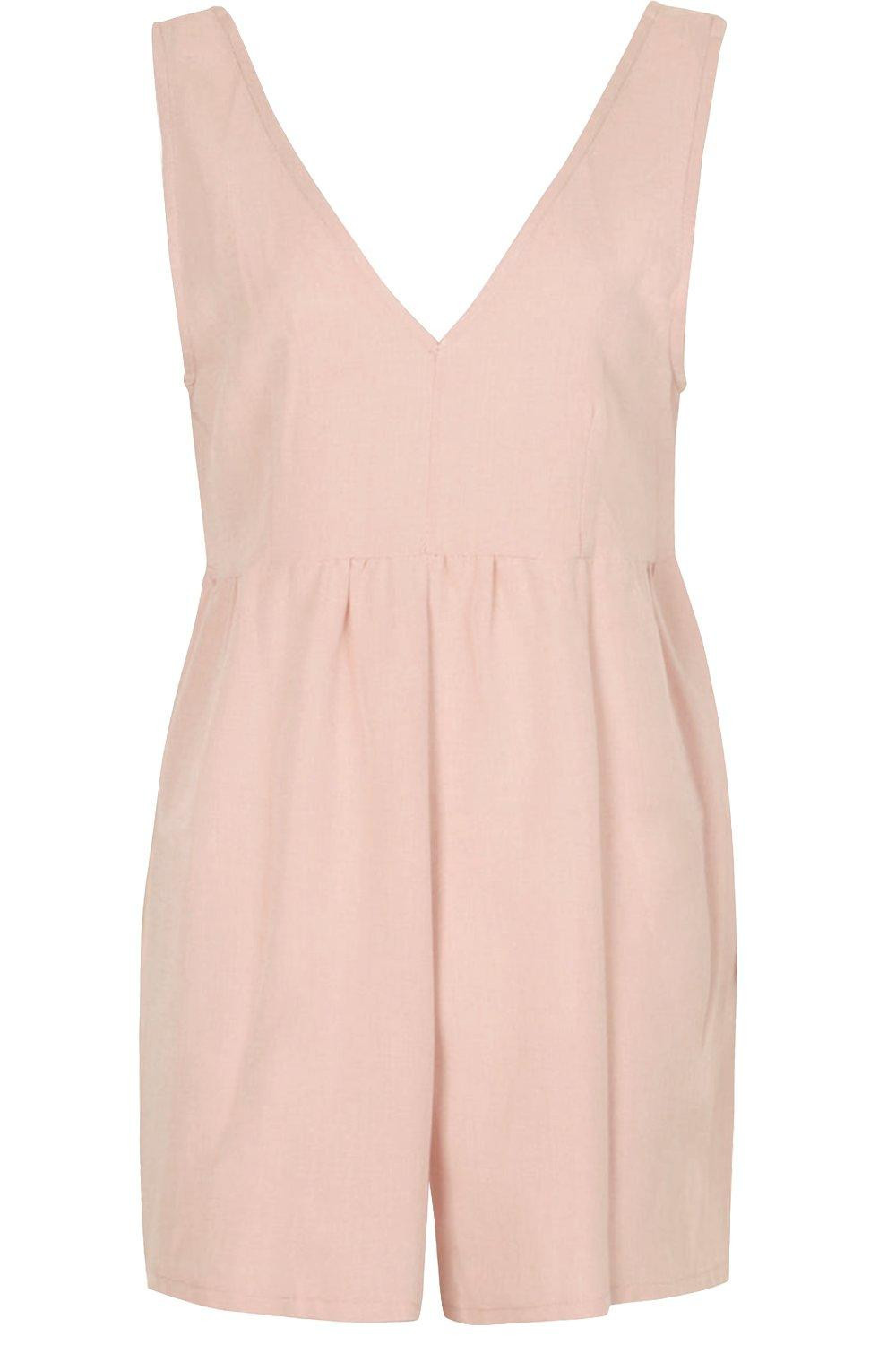 Petite V Neck Linen Look Romper | Boohoo.com (US & CA)