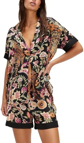 Women Silk Pajamas Floral Satin Pajama Set Short Sleeve Shirts and Shorts 2 Piece Pjs Summer Loun... | Amazon (US)
