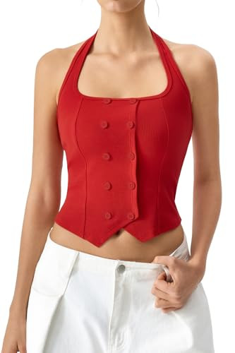 QINSEN Ribbed Sleeveless Tank for Womens Halter Neck Button Trim Slim Fit Cropped Shirt Going Out... | Amazon (US)
