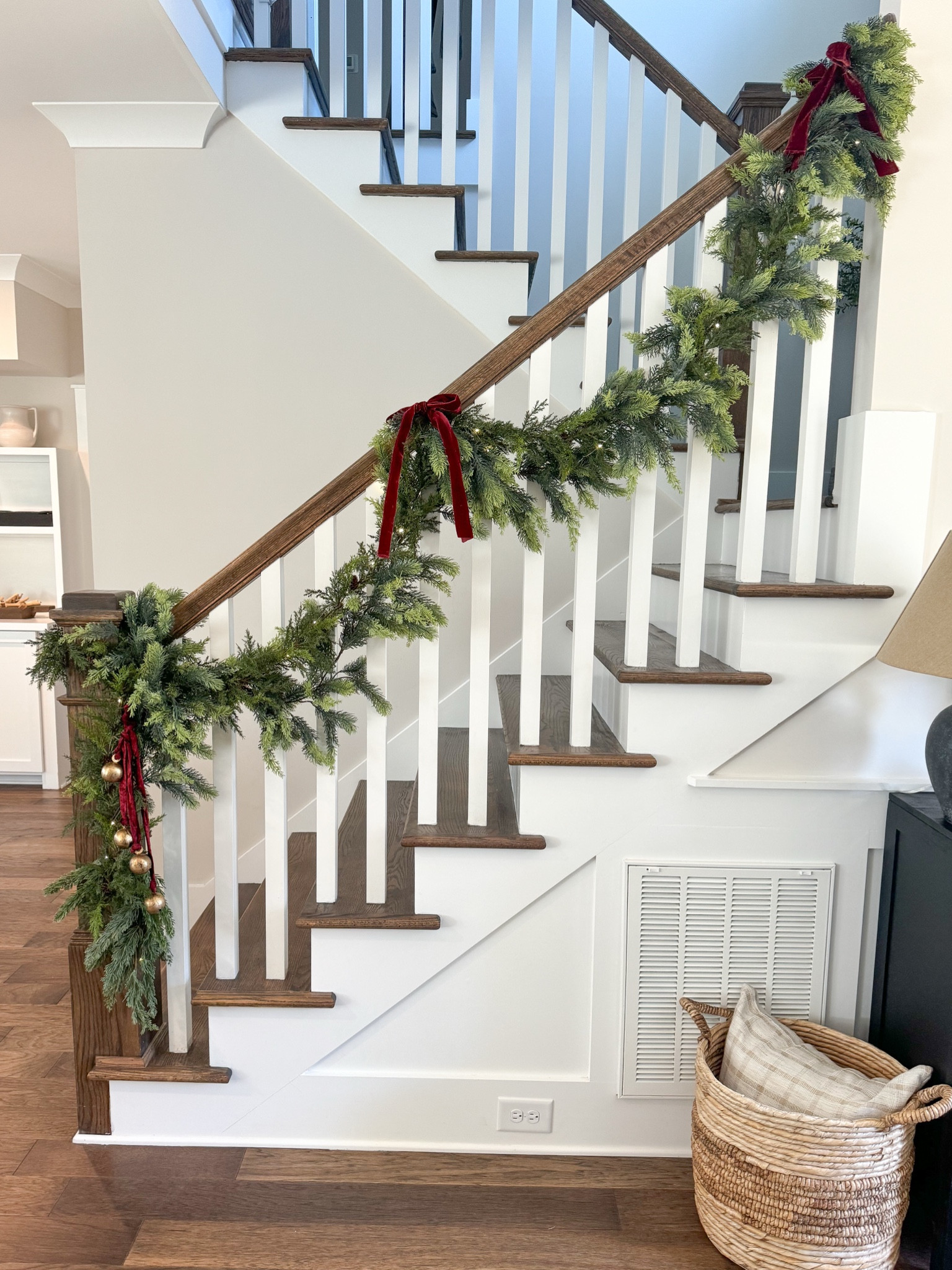 Garland on my stairs 

Stairwell decor, Christmas stairs, Christmas garland draped, velvet ribbon, velvet bows, twinkle lights, stairs garland, Christmas decor

#LTKHome #LTKSeasonal #LTKHoliday
