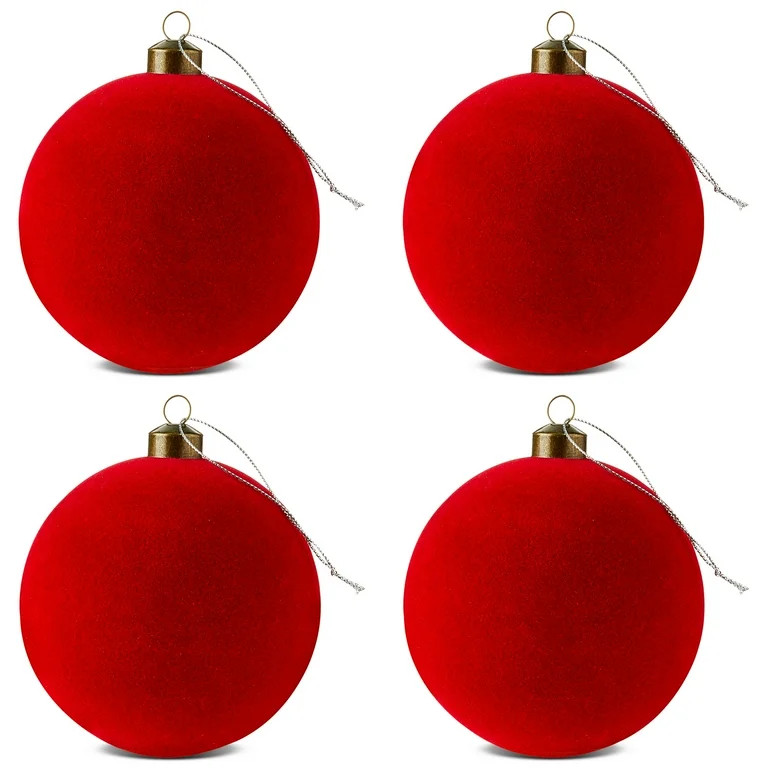 4 Count Red Flocked Ball Christmas Ornaments, 4.5", by Holiday Time - Walmart.com | Walmart (US)