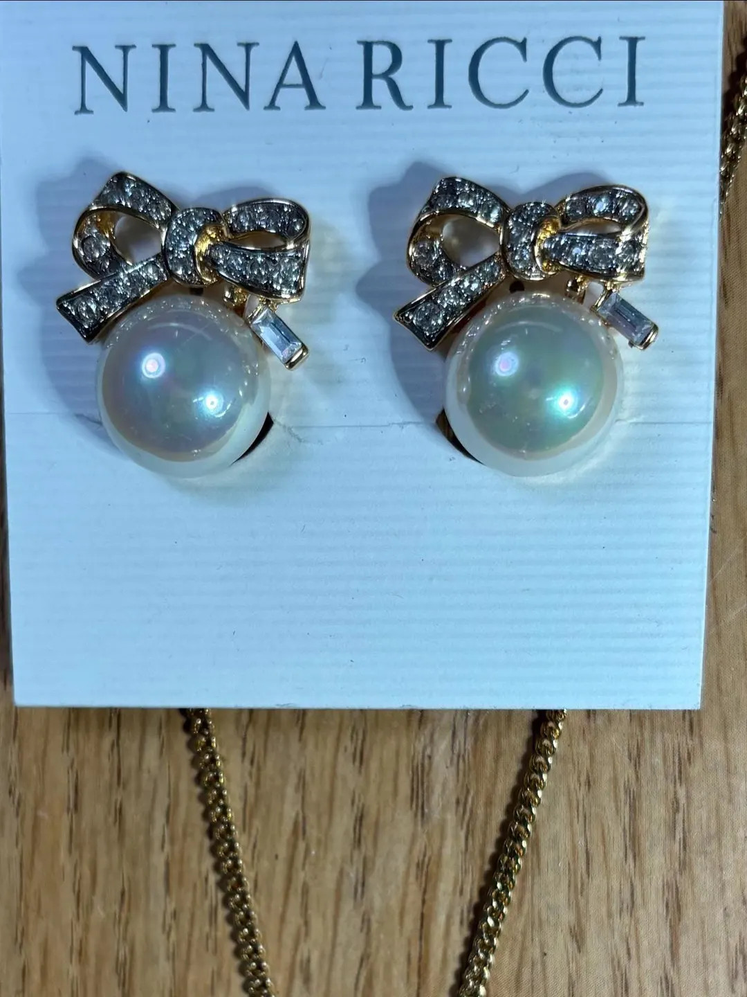 Nina Ricci Pearl Pendant w Clip Earrings. Triple 22kt gold w handset Pearl w Swarovski crystals. ... | Etsy (US)