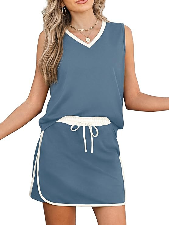 Casly Lamiit 2 Piece Sets for Women Summer Sleeveless Skirt Sets Outfits V Neck Skort Set with Po... | Amazon (US)