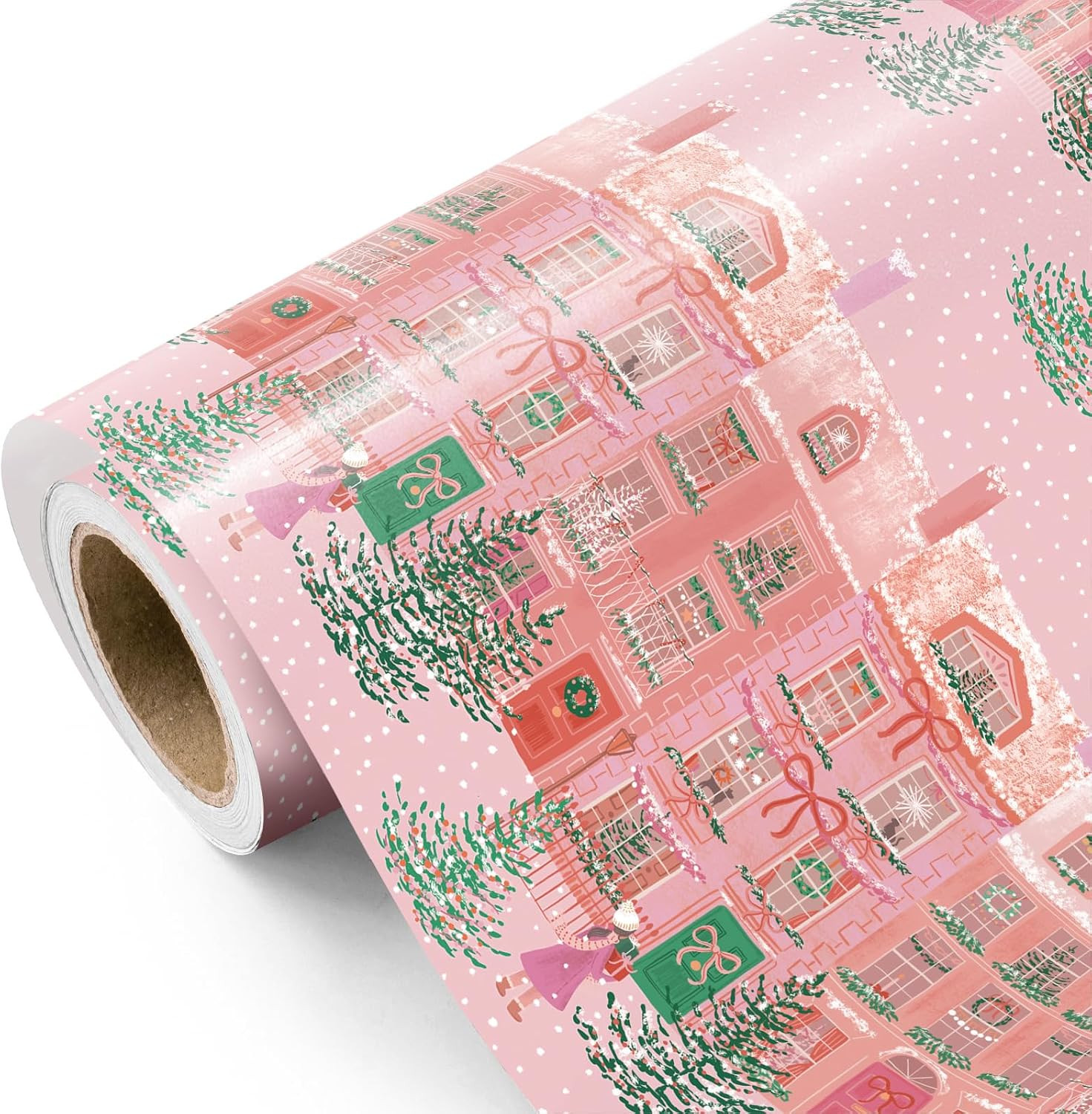 WRAPAHOLIC Pink Christmas Wrapping Paper - Mini Roll - 17 Inch x 16.5 Feet - Pink Winter City Scene Design for Christmas Holiday, Party Celebration | Amazon (US)