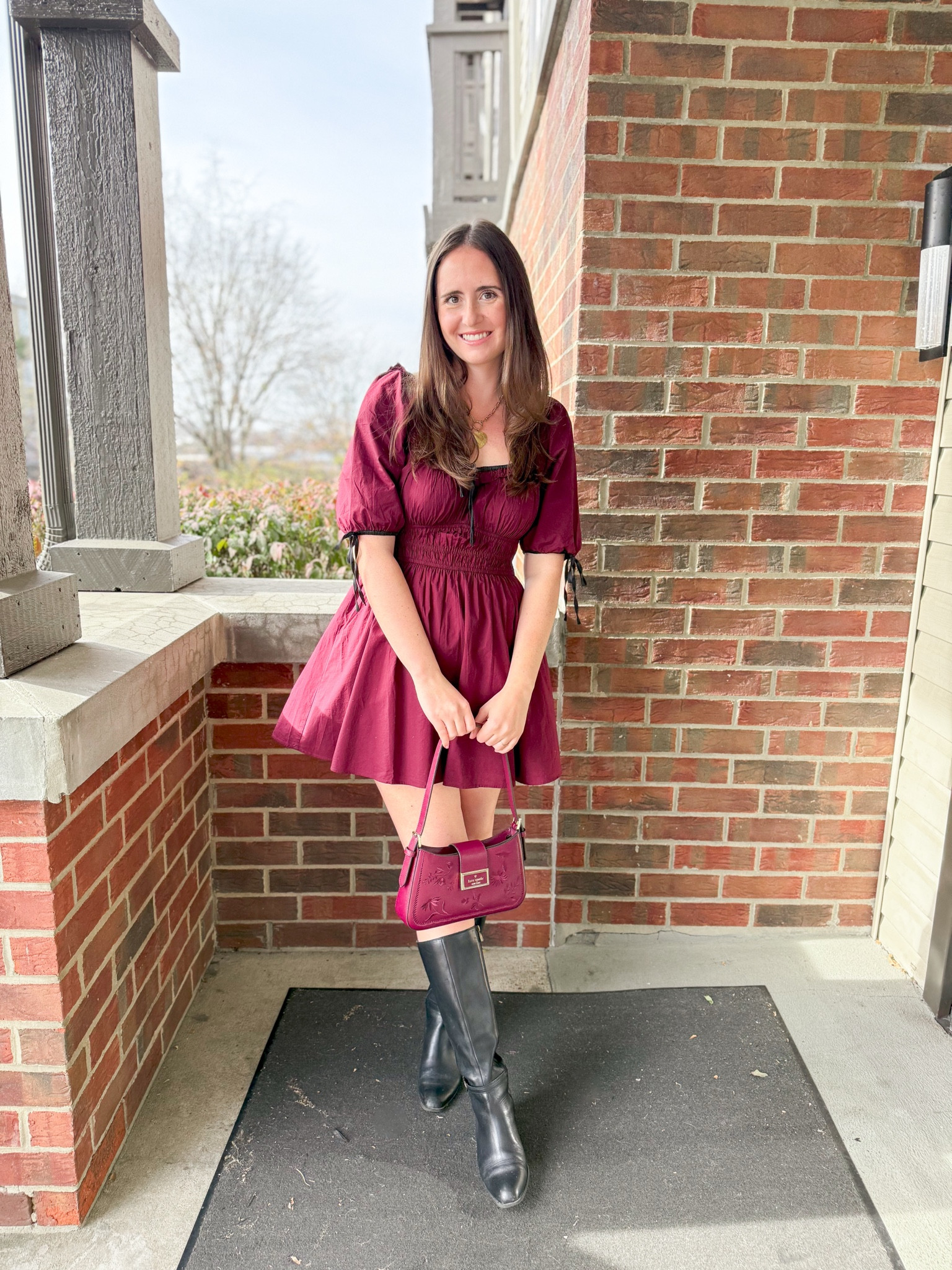Burgundy cotton thanksgiving holiday dress, Kate spade embroidered bag, black boots, feminine, grand millennial, winter dress, fall dress, Christmas dress, feminine, under $150, American eagle, under $50 

#LTKFindsUnder50 #LTKHoliday #LTKFindsUnder100