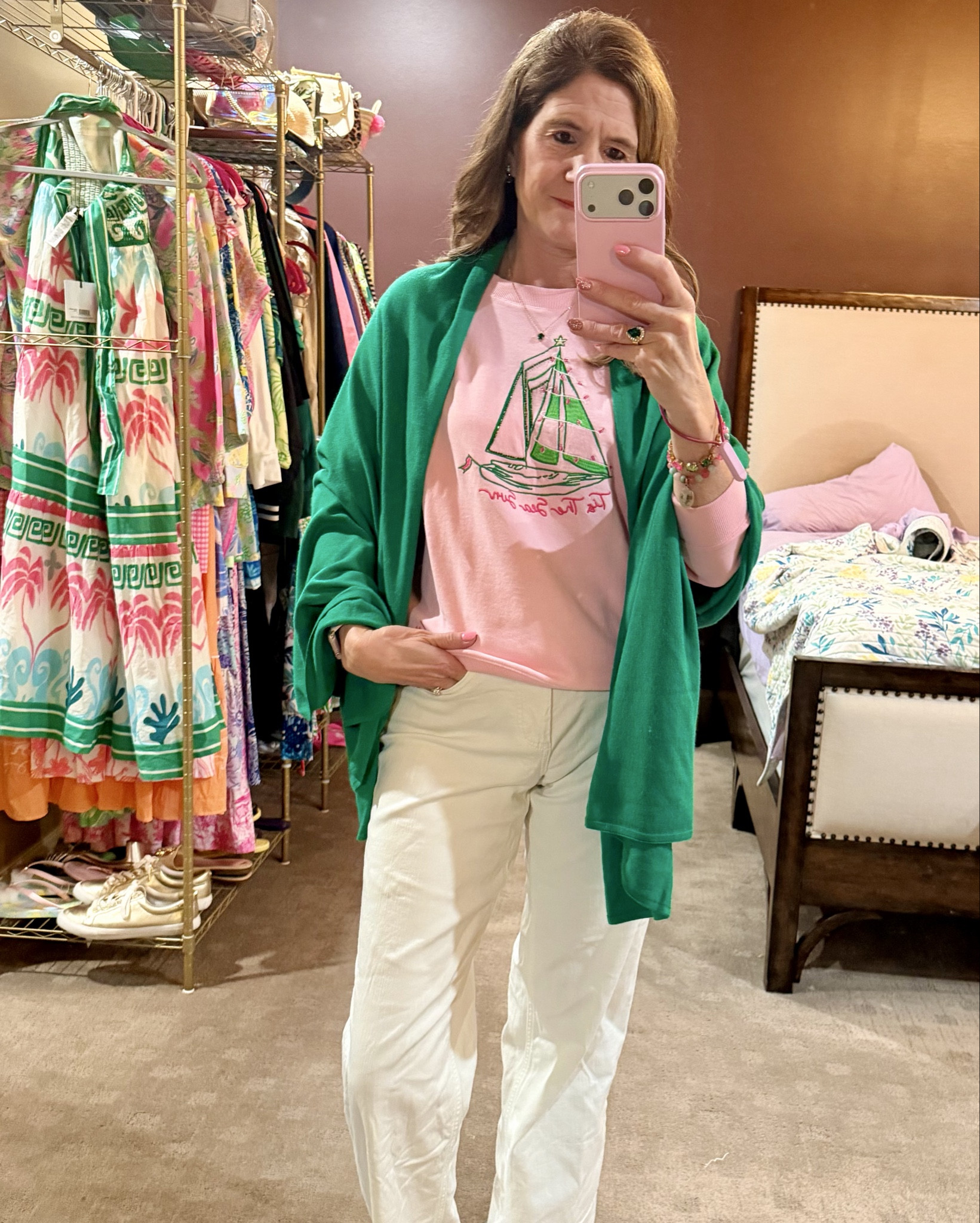 Christmas Day travel outfit 🎄✈️
Comfort is key, but I still want to feel put together—especially on a holiday. This pink festive sweater is soft, lightweight, and easy for travel, layered with a cozy green cardigan for warmth. Paired with off-white jeans and comfy sneakers, it’s the perfect blend of festive + functional.

Linked my full outfit plus a few travel-friendly favorites that make holiday travel so much easier. 💕🎁

Christmas travel outfit
Holiday travel style
Festive sweater
Christmas Day outfit
Airport outfit women
Casual holiday outfit
Pink sweater outfit
Layered travel look
Comfortable holiday fashion
Travel day outfit

#ChristmasDayStyle
#HolidayTravelOutfit
#TravelInStyle
#FestiveFashion
#AirportStyle
#HolidayOutfitInspo
#ComfortableAndChic
#ChristmasOOTD
#WinterTravelStyle
#LTKtravel
#LTKholiday
#LTKstyle
#LillyPulitzer 


#LTKOver40 #LTKSaleAlert