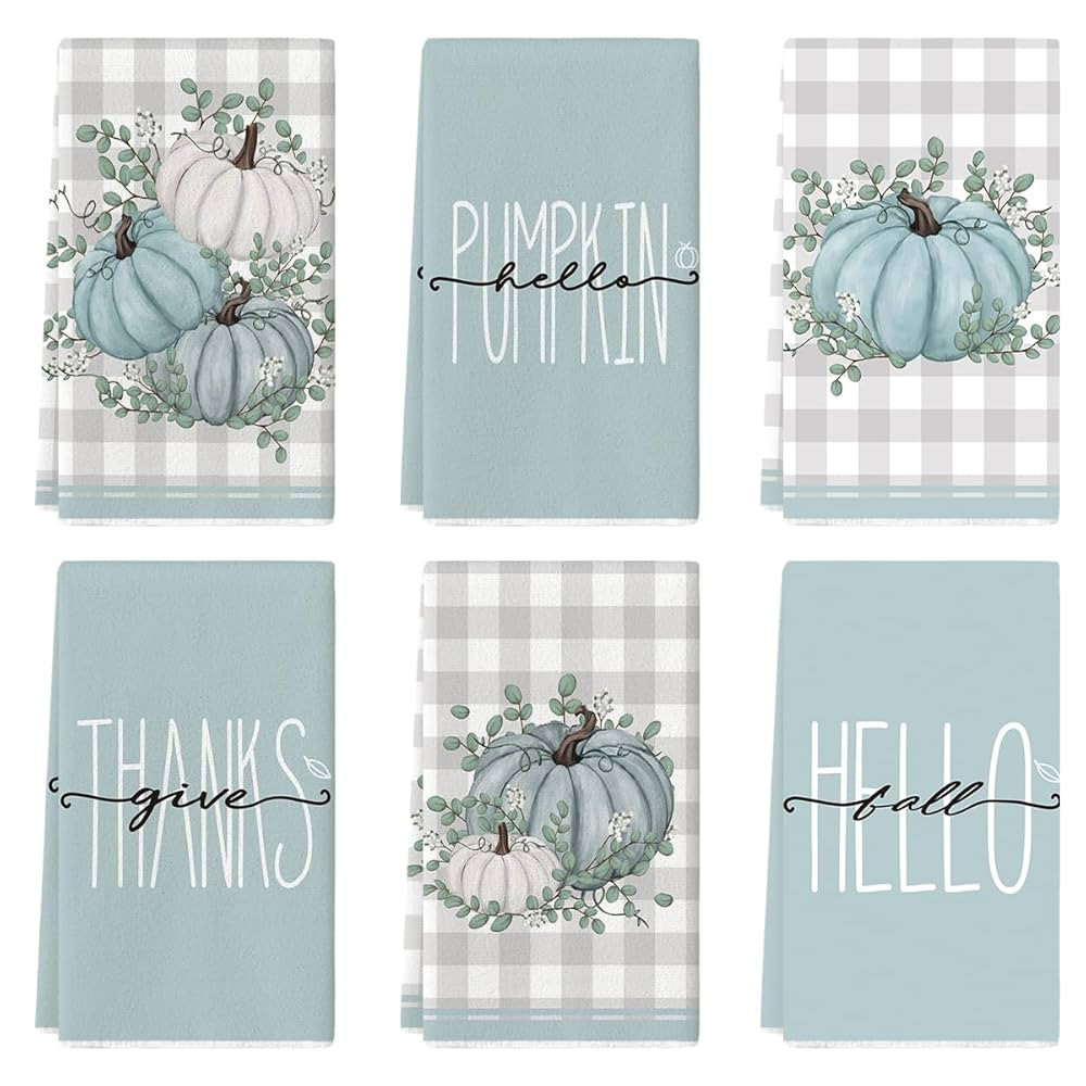 Artoid Mode Blue Eucalyptus Leaves Hello Pumpkin Fall Kitchen Towels Dish Towels, 18x26 Inch Seas... | Amazon (US)