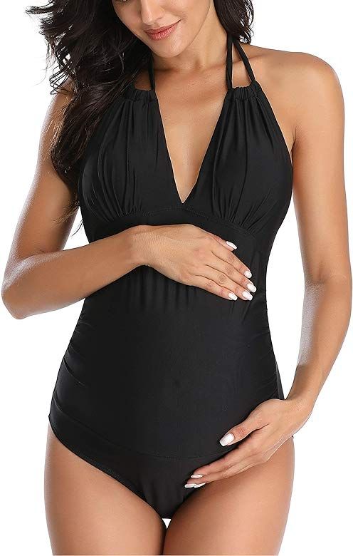 Maternity Swimsuits One Piece V-Neck Pregnancy Swimwear Halter Maternity Bikini | Amazon (US)