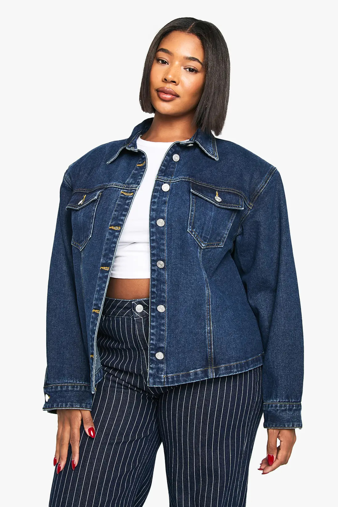 Indigo boohoo Plus Shoulder Pad Detail Denim Jacket | PrettyLittleThing USA | PrettyLittleThing US