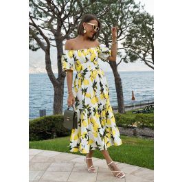 Off-Shoulder Bowknot Crop Top and Flare Skirt Set in Lemon Print | Chicwish