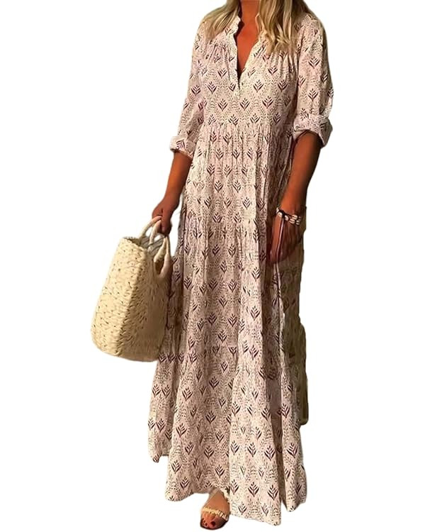 LOAIHA Womens Boho Floral Print Plus Size Maxi Dresses Casual V Neck Long Sleeve Loose Flowy Ruff... | Amazon (US)