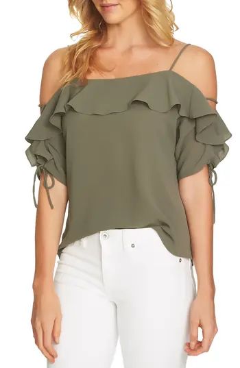 Women's Cece Cold Shoulder Ruffle Stretch Crepe Top, Size X-Small - Green | Nordstrom