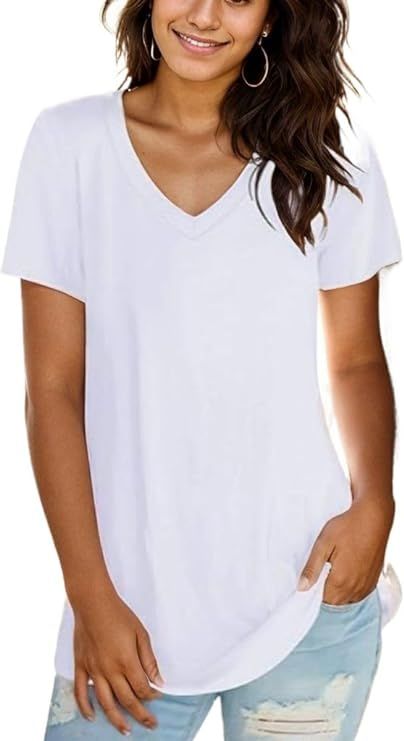 Women's T Shirts V Neck Casual Short Sleeve Summer Basic Tops Tees | Amazon (US)