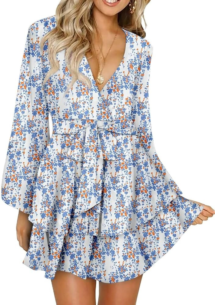 Dokotoo Womens 2024 Summer Spring V Neck Ruffle Chiffon Elegant Tie Knot Mini Short Swing Skater ... | Amazon (US)