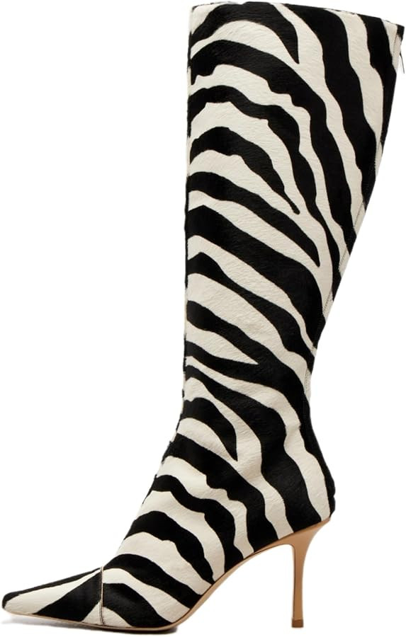 Women's Leopard Zebra Print Knee High Boots Pointed Toe Stiletto Heels | Amazon (US)
