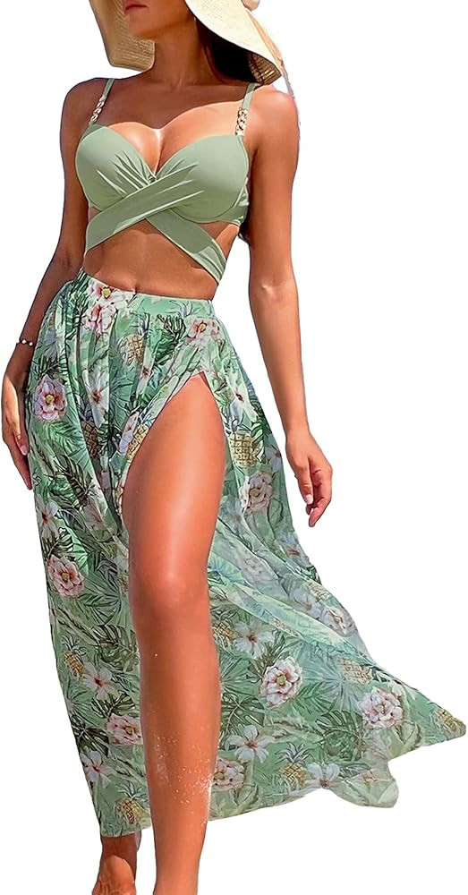 SweatyRocks Women's 3 Piece Floral Tropical Swimsuit Crisscross Tie Back Bikini Sets with Cover U... | Amazon (US)