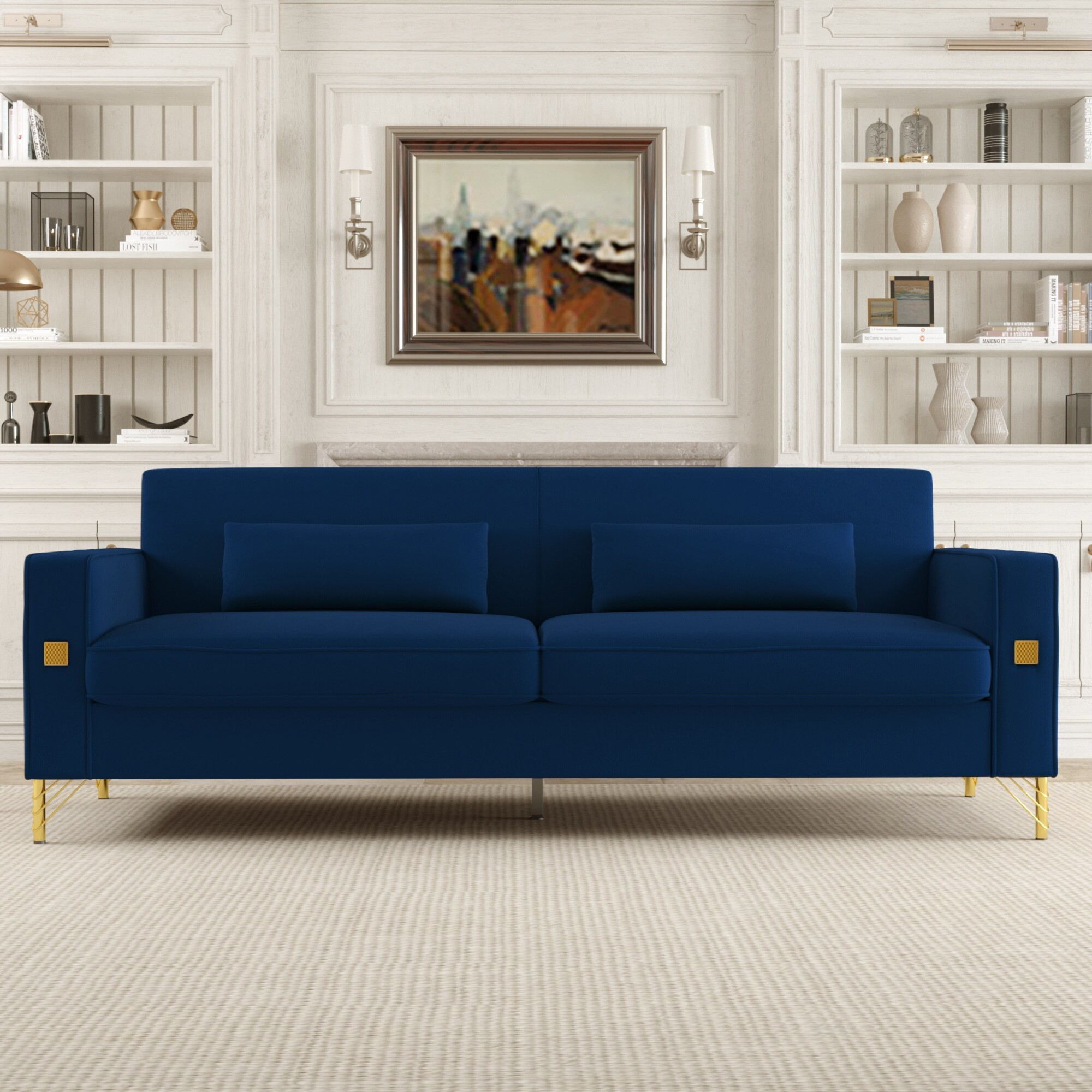 Retro Blue 85.63" Velvet 3-Seater Sofa with Gold Accents | Bed Bath & Beyond
