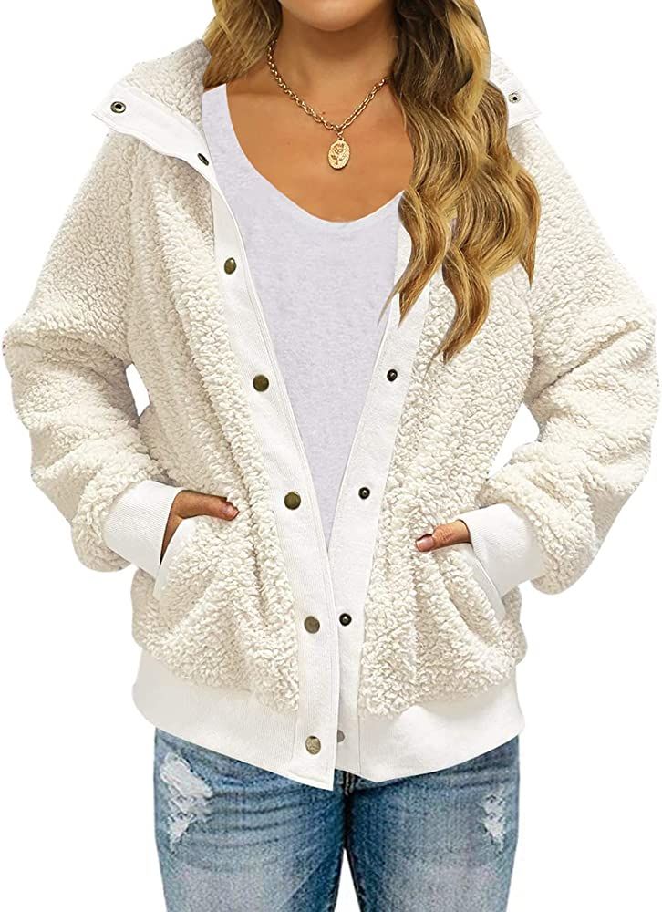 TECREW Womens Winter Sherpa Fleece Button Jacket Coat Loose Long Sleeve Outwear | Amazon (US)