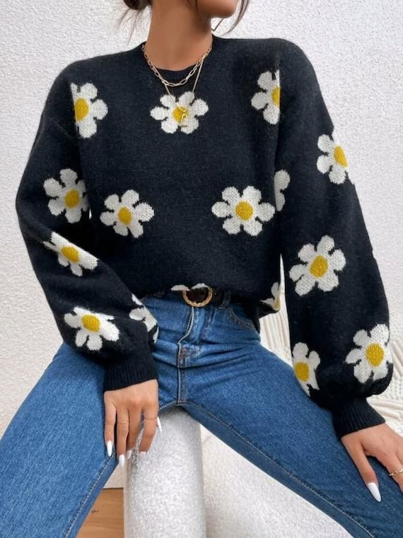 Flower Pattern Knit Sweater | Etsy (CAD)