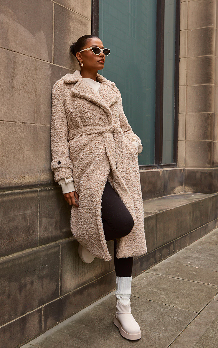 Beige Borg Belted Trench Coat | Outerwear | PrettyLittleThing US